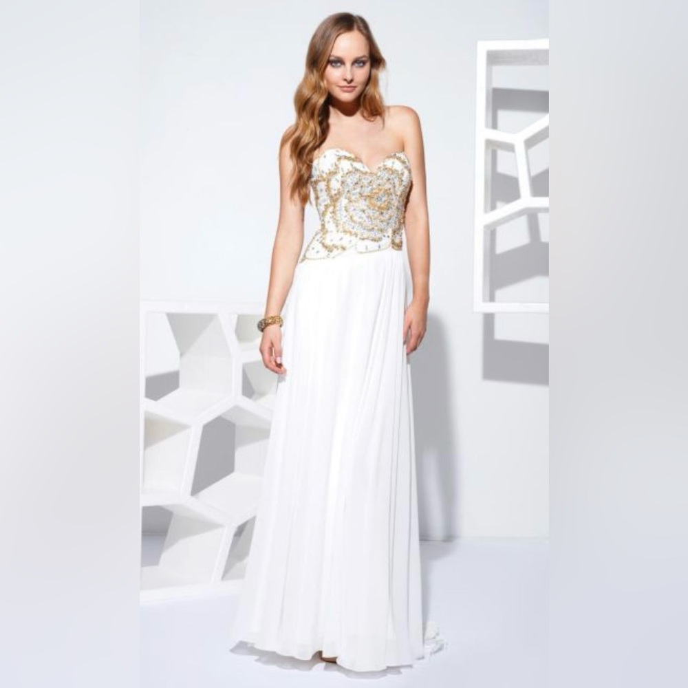NWT- Terani Couture White and Gold Beaded Strapless Dress (Size 2)
